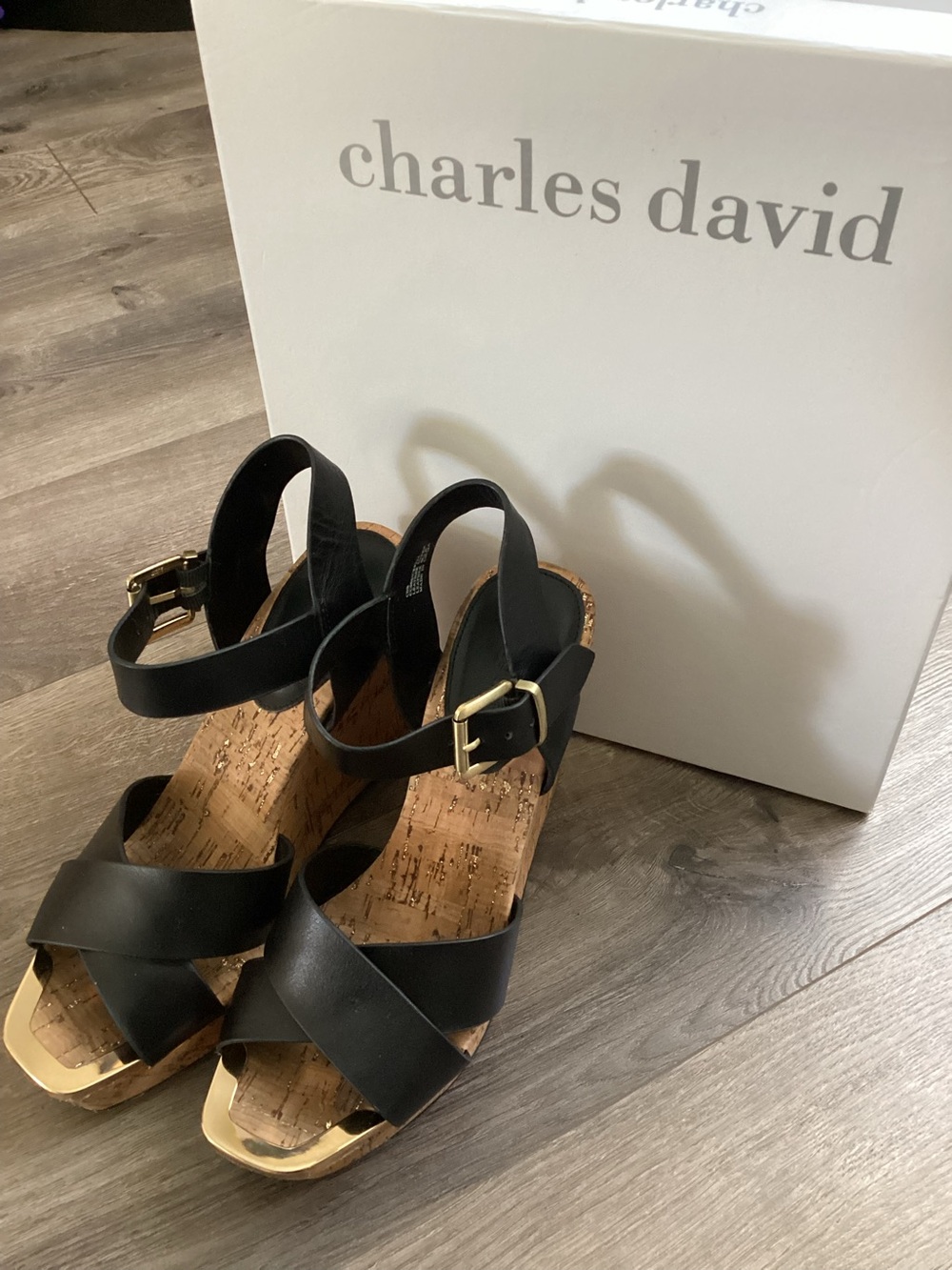 Charles David Black Leather Cork Wedge Sandals with Gold Buckle women’s size 8